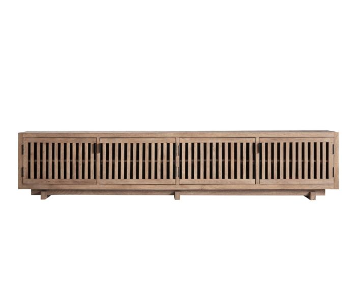 Mueble de TV nórdico en madera de mango marrón arenado.
