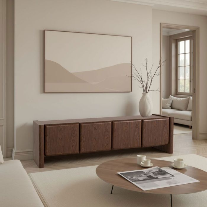 Mueble de TV en chapa de nogal marrón con 4 puertas.