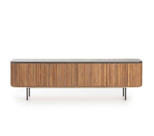 Mueble de TV en madera de teca reciclada natural, sobre de microcemento antracita y patas de acero.