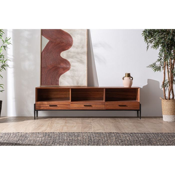 Mueble TV Madera Abeto 3 Cajones Negro Natural, 174 Cm