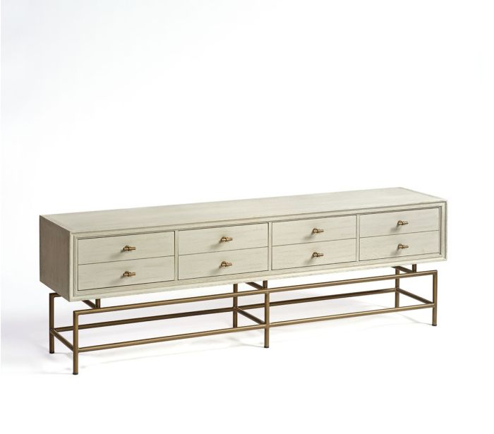 Mueble de TV en madera de roble blanca grisácea y metal dorado envejecido 180,5 cm
