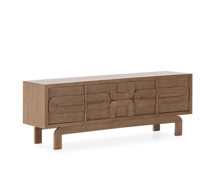 Mueble de TV en madera de cedro color arena.