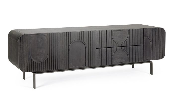 Mueble de TV en madera de mango y acero negro.