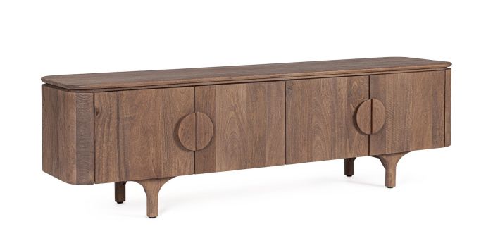 Mueble de TV en madera de mango marrón.