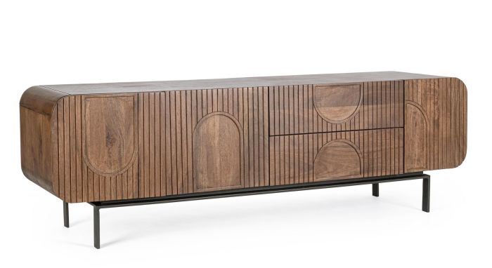 Mueble de TV en madera de mango marrón y acero negro.