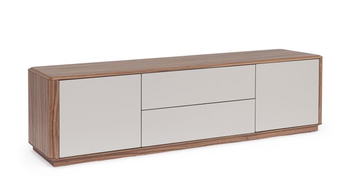 Mueble de TV en madera de nogal con frentes de dm lacado mate neutro.