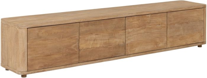 Mueble de TV en madera de teca natural con 4 puertas abatibles.