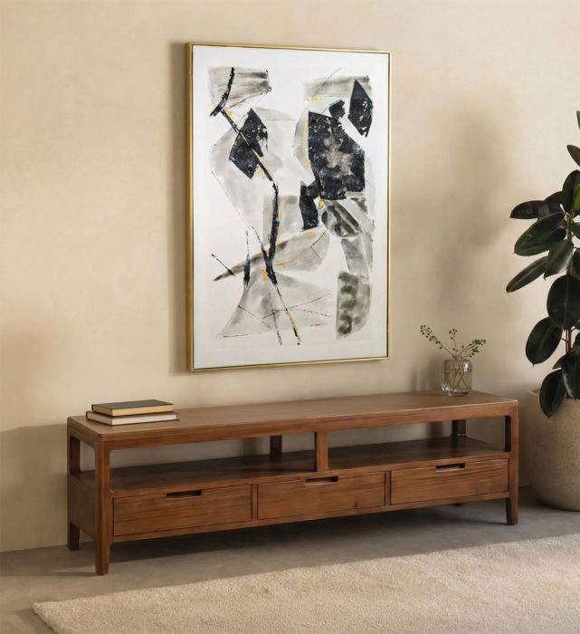 Mueble de TV en madera de caoba marrón con 3 cajones.