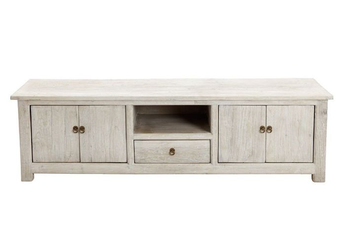 Mueble de TV 4 puertas en madera de olmo reciclada blanco envejecido.