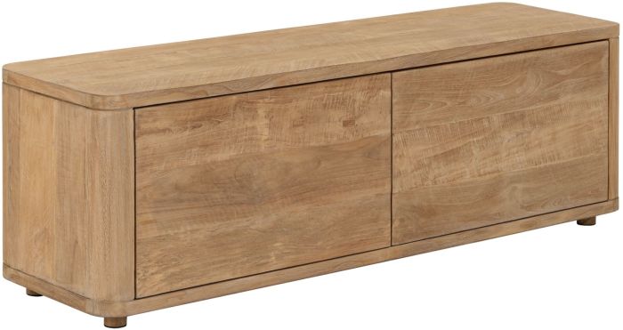 Mueble de TV en madera de teca natural con 2 puertas abatibles.