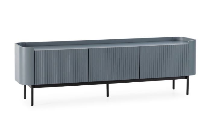 Mueble de TV en mdf azul y metal negro.