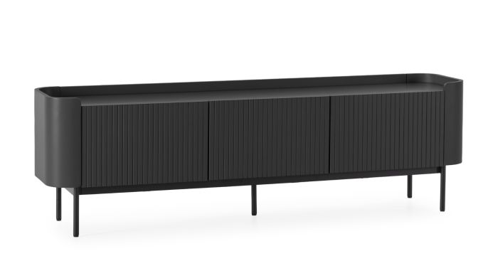 Mueble de TV en mdf negro y metal negro.