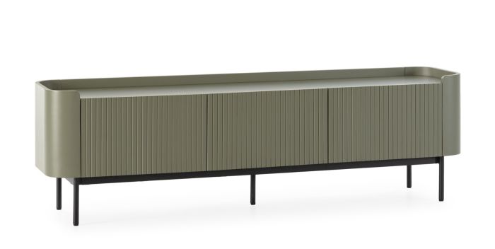 Mueble de TV en mdf verde y metal negro.