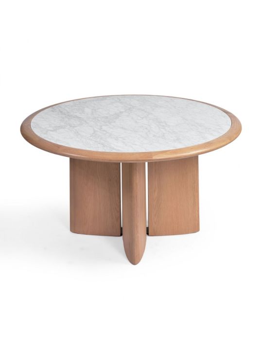 Mesa de comedor nórdica moderna en madera de roble natural y sobre redondo de mármol blanco.