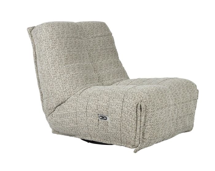 Sillón con sistema de inclinación mid-century en madera tapizado en tejido beige y base de hierro negra.