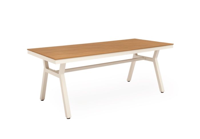 Mesa de exterior nórdica en polimadera natural y aluminio beige.