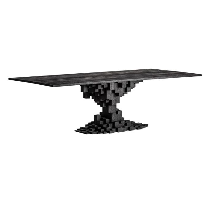 Mesa de comedor de diseño moderno en madera de mango negro arenado.