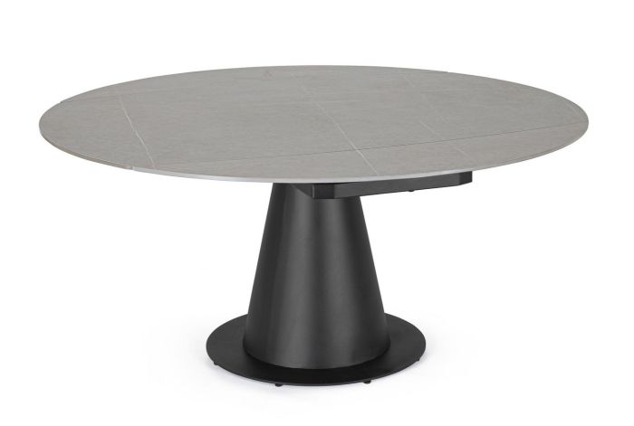 Mesa de comedor de diseño moderno con sobre de gres porcelánico gris efecto mármol y base de acero negro. 