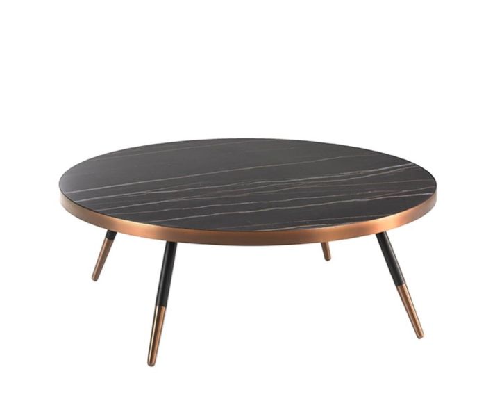 Mesa Centro Redonda Estilo Moderno-Mid Century Mármol Negro Porcelánico Acero Color Bronce, Ø90 Cm
