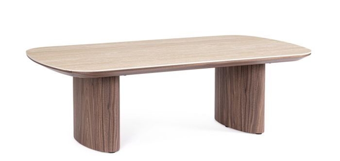 Mesa de centro nórdica moderna en madera de nogal y sobre de piedra sinterizada natural.