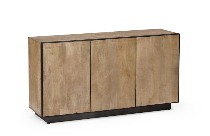 Aparador 3 puertas industrial moderno en madera de mango natural y detalles en acero negro.