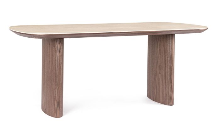 Mesa de comedor nórdica moderna en madera de nogal y sobre de piedra sinterizada natural.
