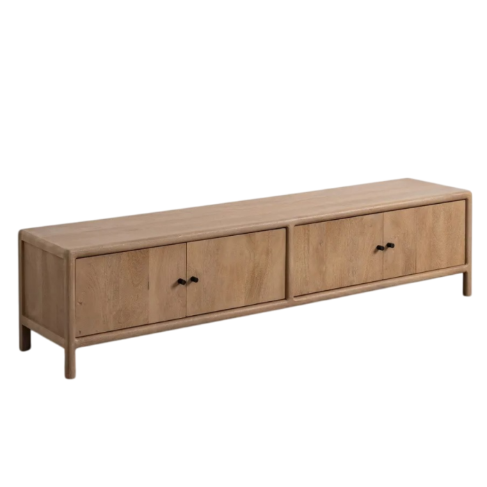 Mueble de TV nórdico en madera de mango natural con 4 puertas.