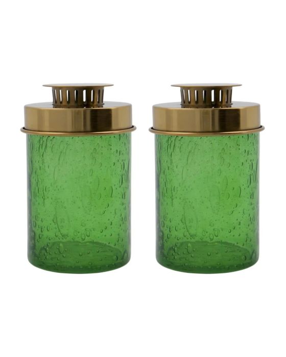 Set de 2 faroles portavelas modernos en vidrio verde con efecto burbuja con tapas de hierro latón.