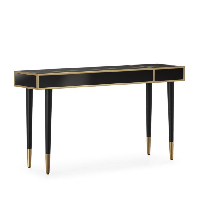 Consola art decó en madera negra, metal dorado y espejo en negro.