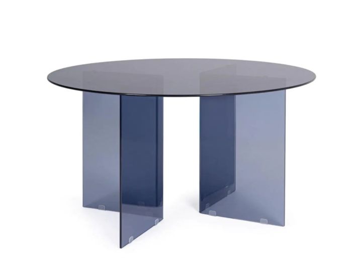 Mesa de comedor de diseño moderno en vidrio templado y acero pintado azul.
