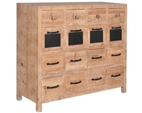 Cajonera industrial en madera de abeto natural y metal negro.