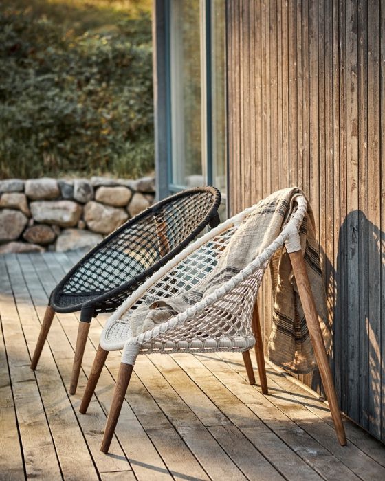 Sillón Blanco Marfil Macramé Algodón Hierro Madera Teca, 90 Cm