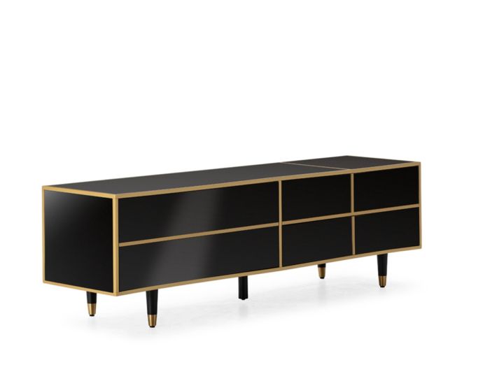 Mueble TV art decó en madera, espejo negro con detalles en dorado y patas metálicas negras.