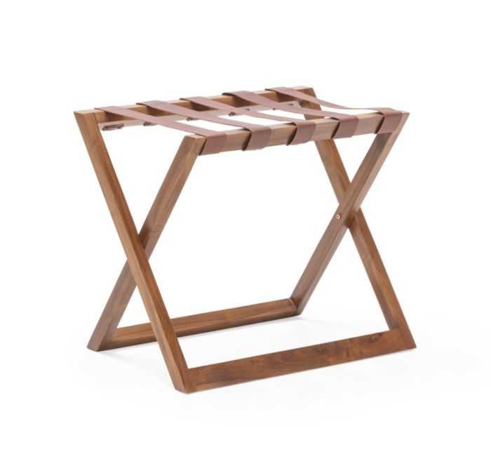 Portamaletas moderno en madera de teca y cuero marrón.
