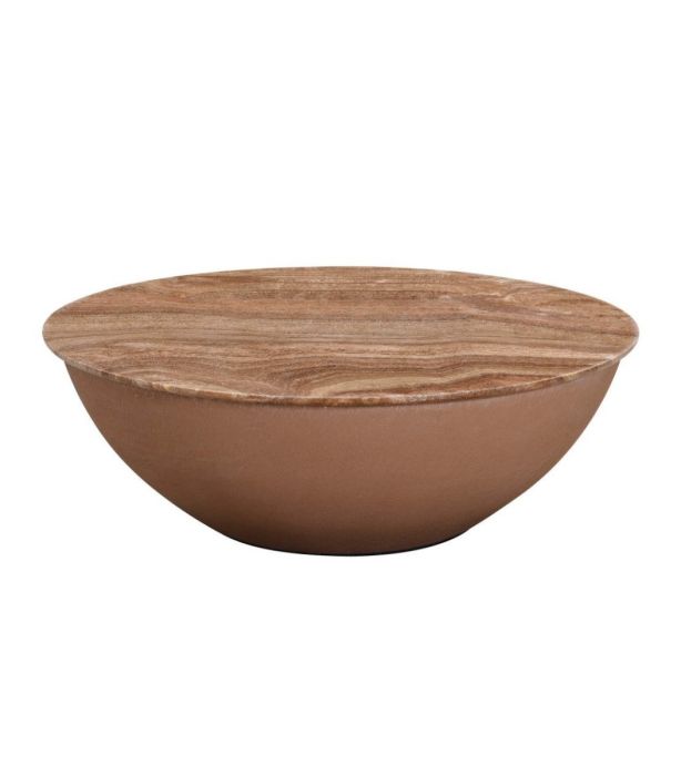 Mesa de centro contemporánea en microcemento anaranjado y sobre de mármol natural.