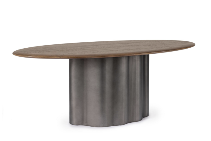 Mesa de comedor contemporánea en madera de mango marrón y acero efecto cromado.
