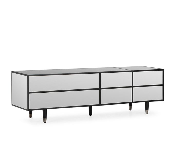 Mueble de TV art decó en madera negra con espejos frontales revestidos plateados.