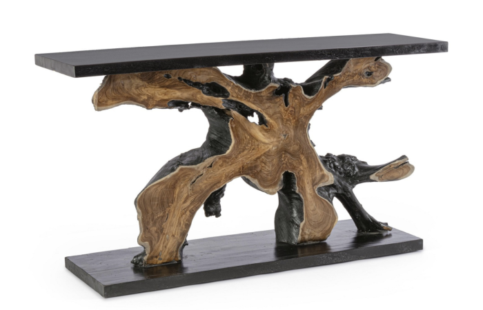 Consola vintage en madera de suar y raíz de teca en marrón y negro.