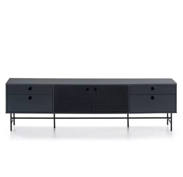 Mueble TV Estilo Moderno Diseño Punteado Metal Negro Azulado, 180 Cm