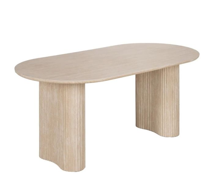 Mesa de comedor de diseño moderno con un sobre de piedra y patas de mdf beige.