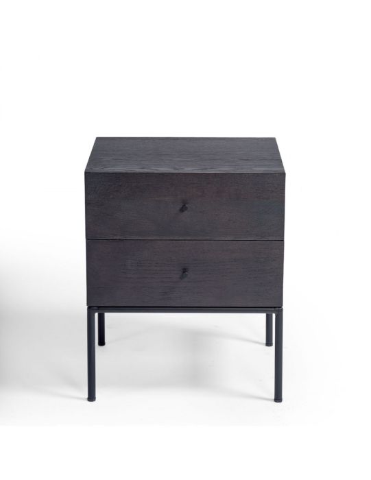 Mesita de noche de diseño moderno en madera de roble marrón negro y metal negro.
