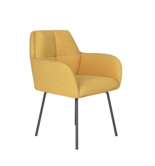 Silla moderna con patas metálicas en negro tapizado en tela amarilla.