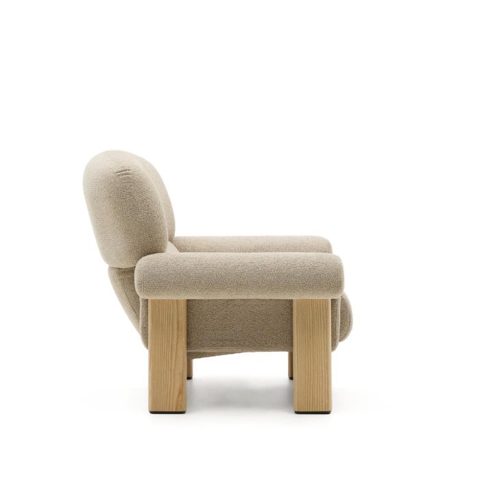 Sillón Chenilla Beige Patas Madera Maciza Fresno Acabado Natural, 111 Cm