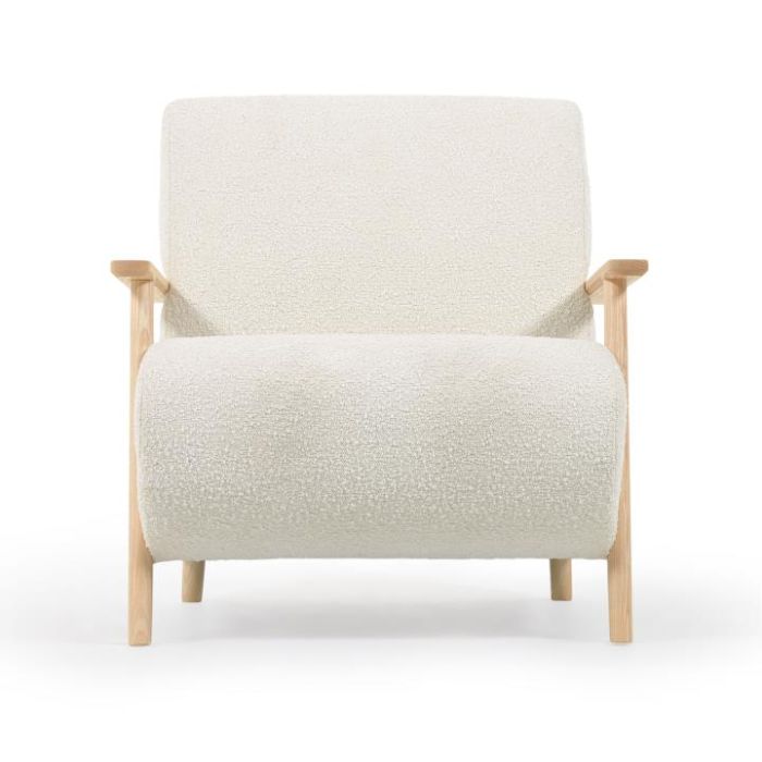 Sillón Meghan Estilo Nórdico-Moderno Blanco Tejido Borreguito Madera Fresno, 77 Cm