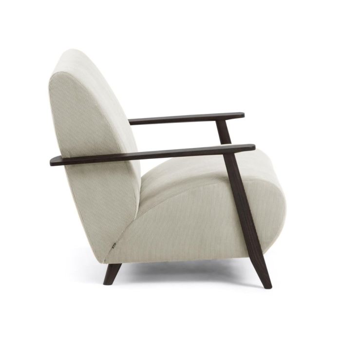 Sillón Nórdico Pana Natural Beige Reposabrazos Madera Tono Wengue