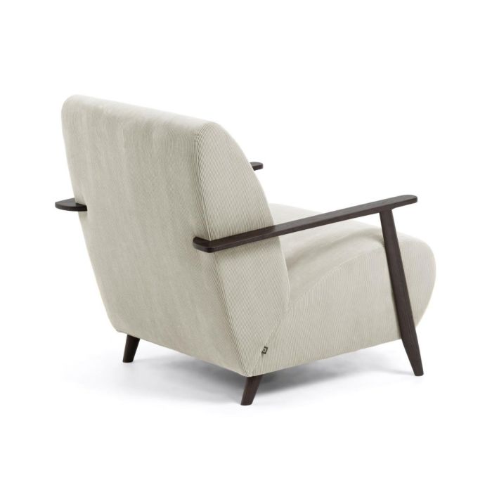 Sillón Nórdico Pana Natural Beige Reposabrazos Madera Tono Wengue