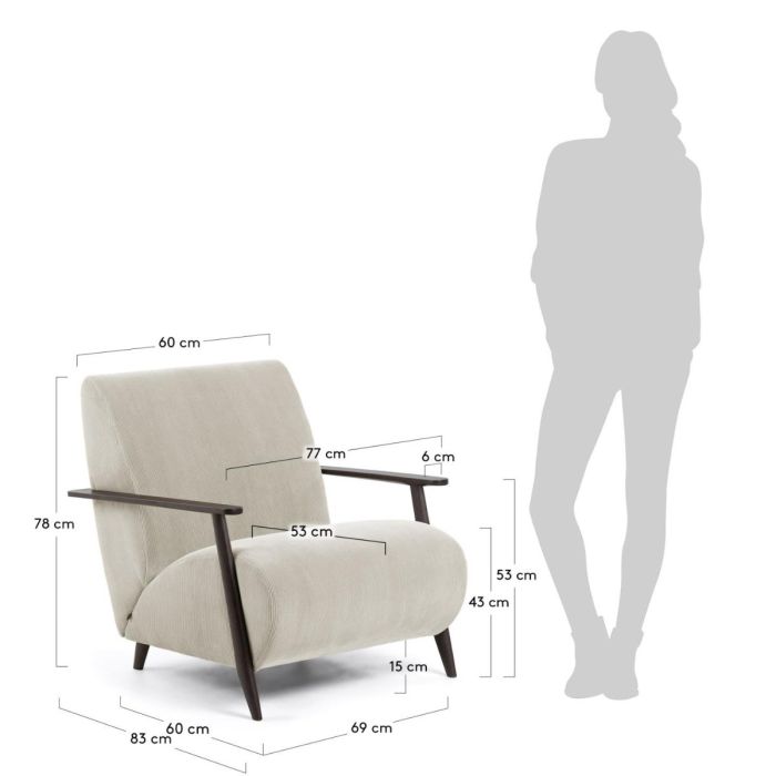 Sillón Nórdico Pana Natural Beige Reposabrazos Madera Tono Wengue