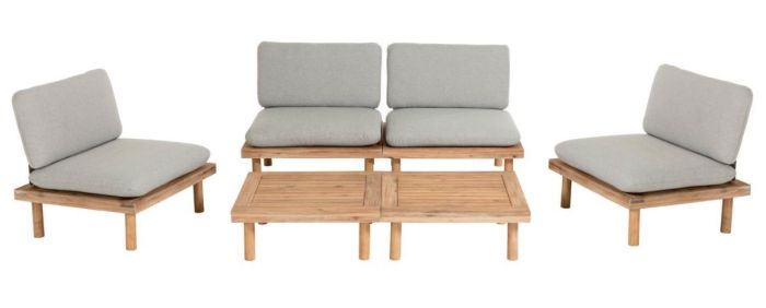 El set exterior Viridis consta de cuatro sillones, dos mesas y un set de madera maciza de acacia.