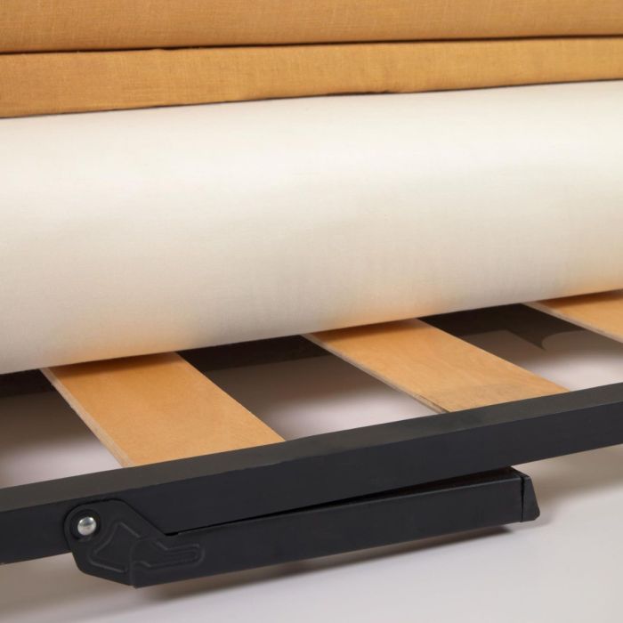 Sofá Cama Tejido Mostaza Madera Natural, 219 Cm