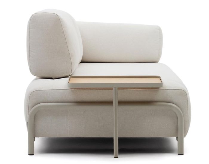 Sofá 3 Plazas Chenilla Beige Bandeja Grande Acero Gris, 232 Cm